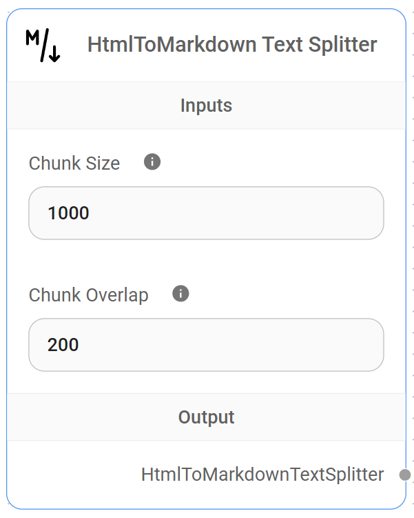 <p>Html-To-Markdown Text Splitter Node</p>